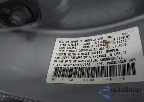 2017 Honda Accord Lx from USA, damaged, VIN 1HGCR2F4XHA222870